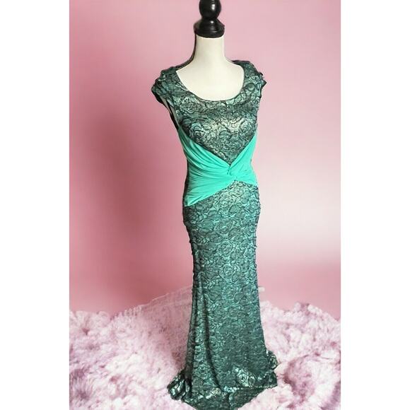 Vintage 90s La Scala Green Gold Metallic Lace Rose Fitted Prom Evening Gown M - Picture 1 of 10